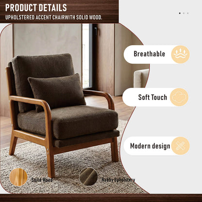 Coffee upholstered accent armchair with solid wood armrests
