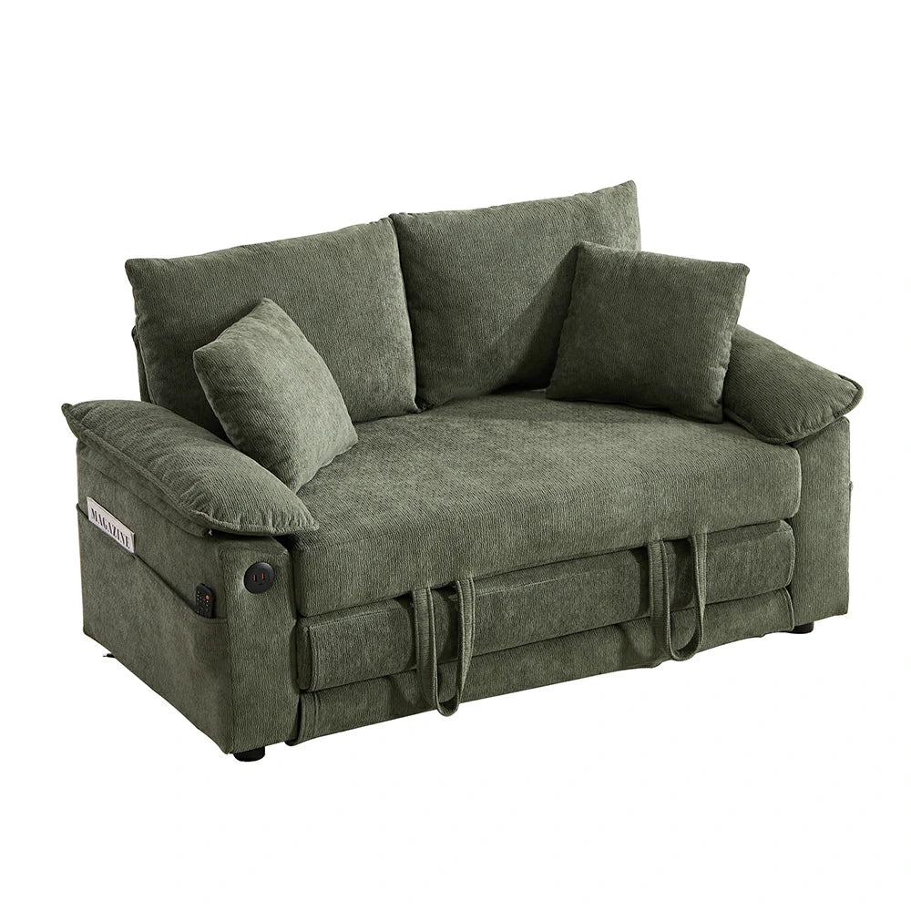 Compact green chenille tufted loveseat sofa bed with side storage pockets