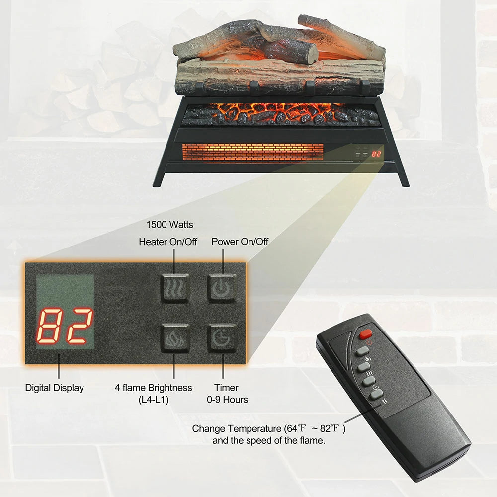 Control panel and remote control functions for electric fireplace insert