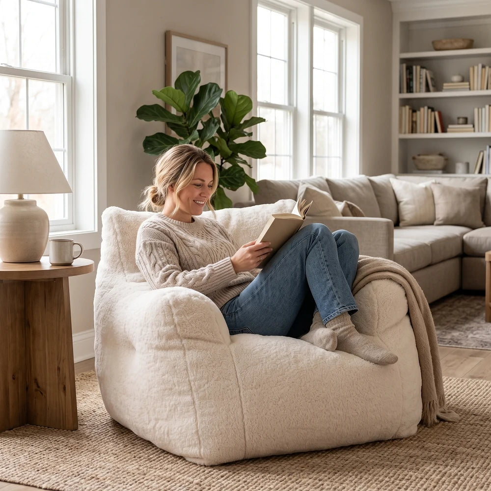 Cozy Ivory Teddy Fabric Lounge Chair in Living Room