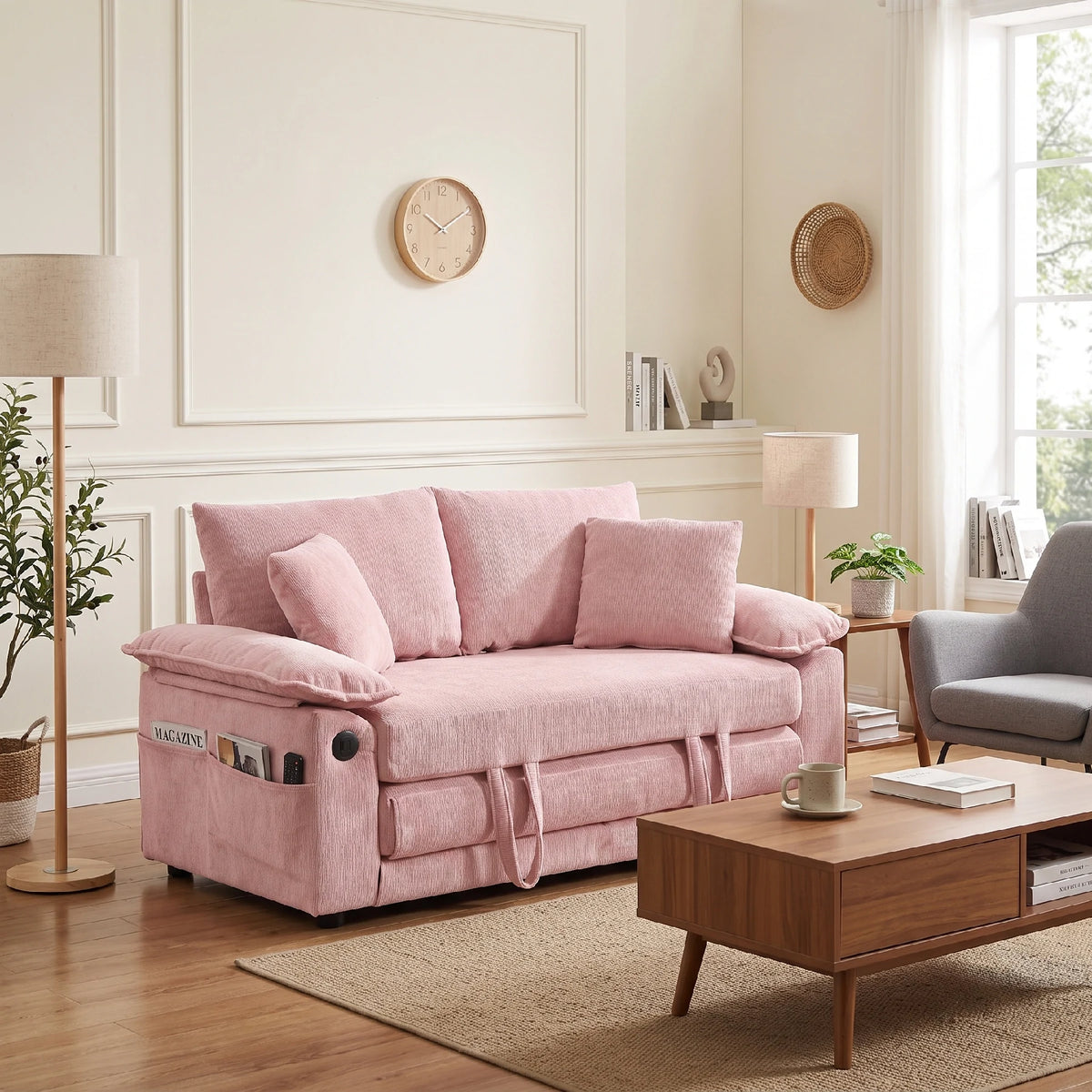 Cozy blush pink tufted sofa bed with plush pillows in a bright warm modern living room