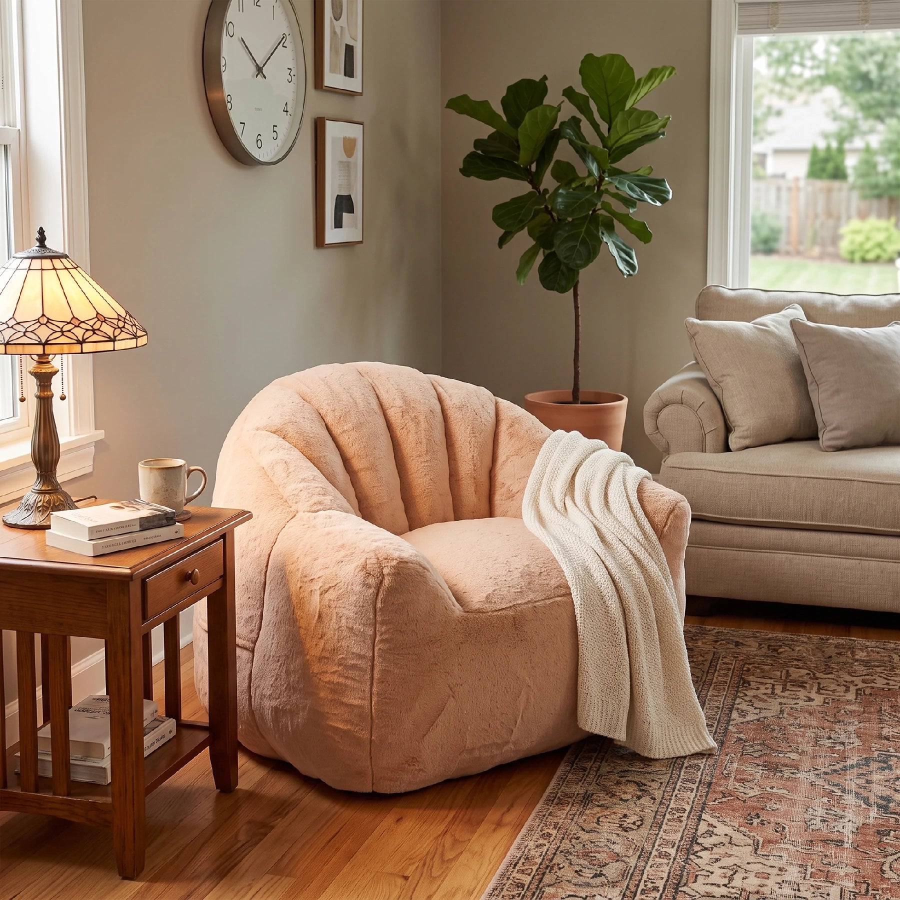 Cozy brown faux fur lounge chair in living room
