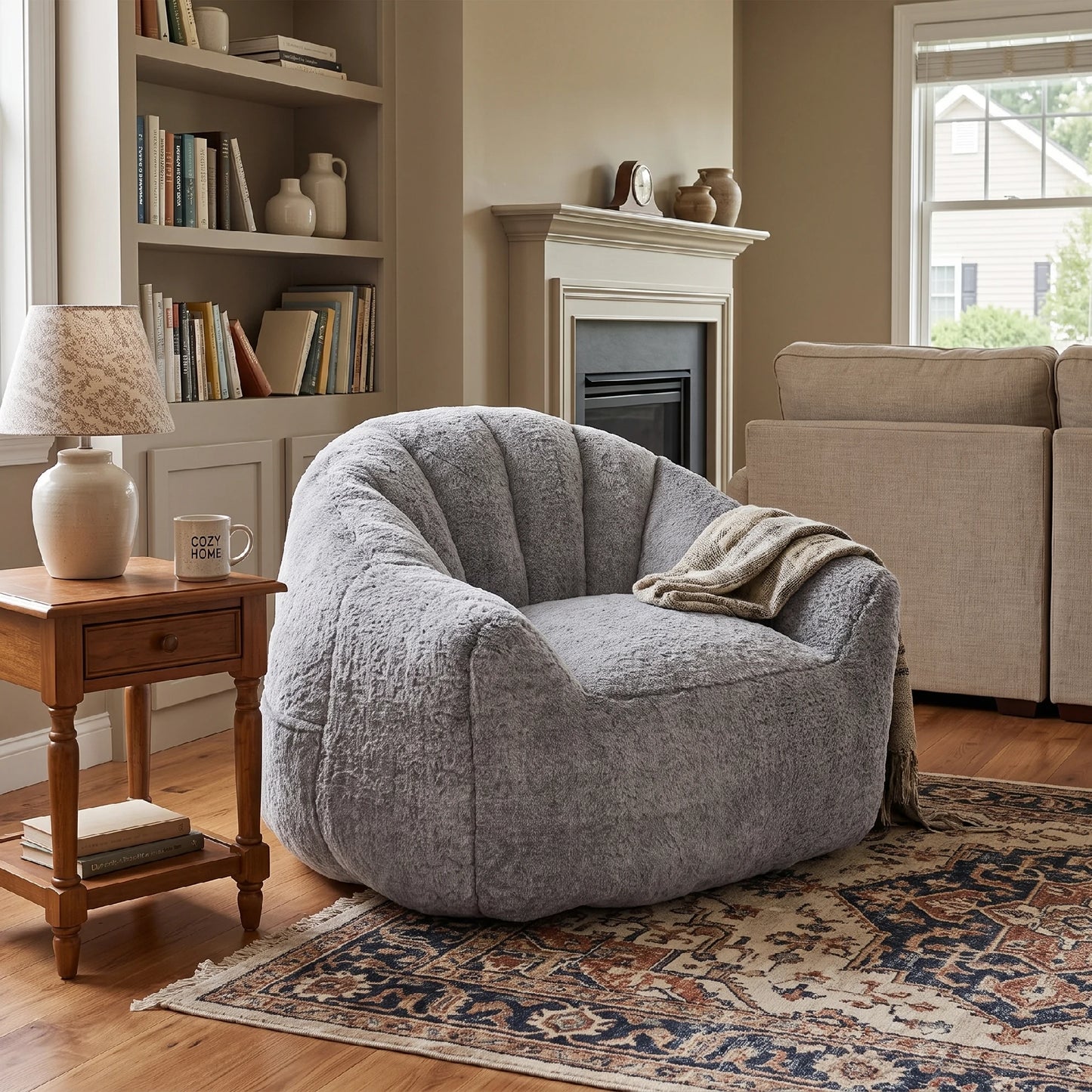 Cozy dark gray faux fur lounge chair in living room