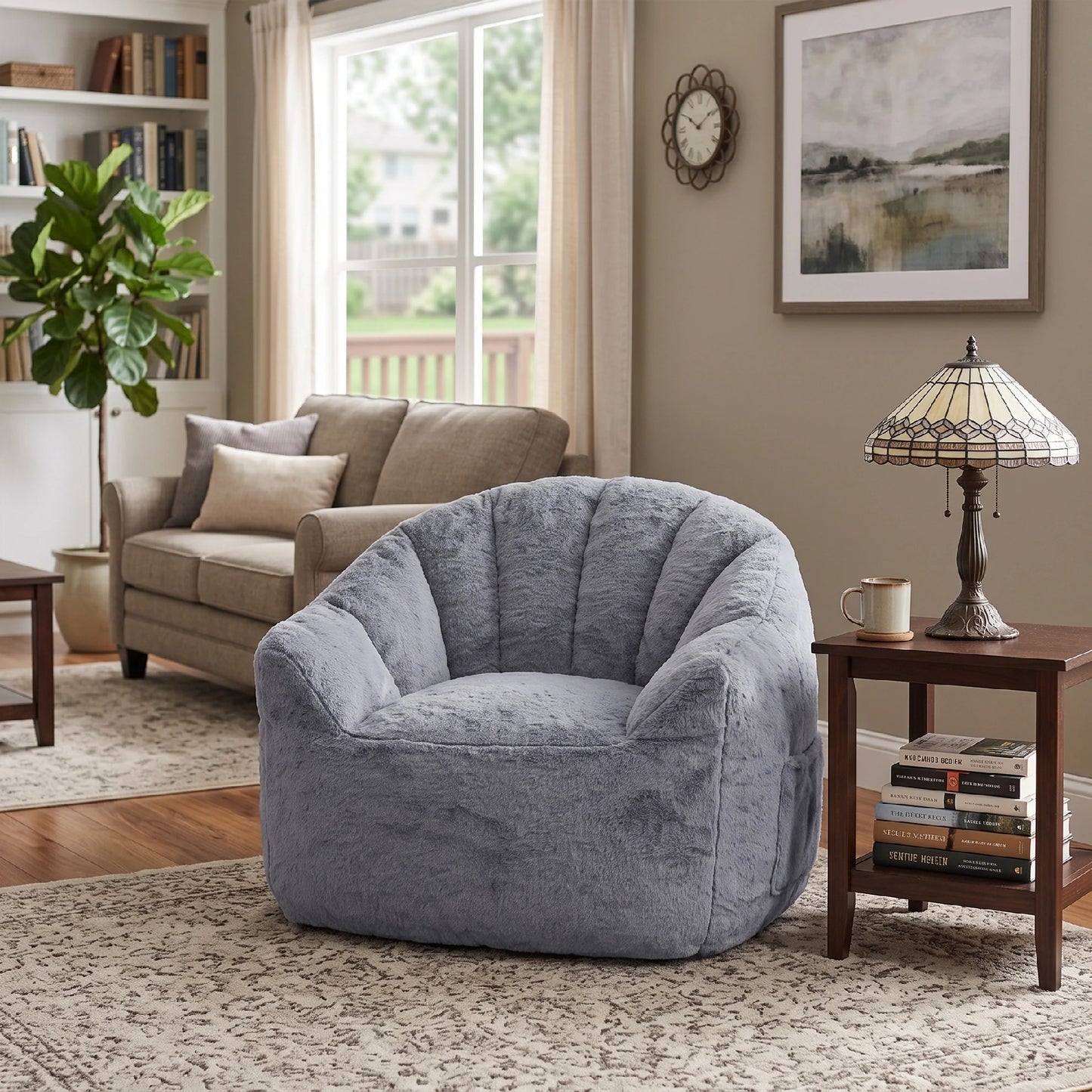 Cozy gray faux fur lounge chair in living room