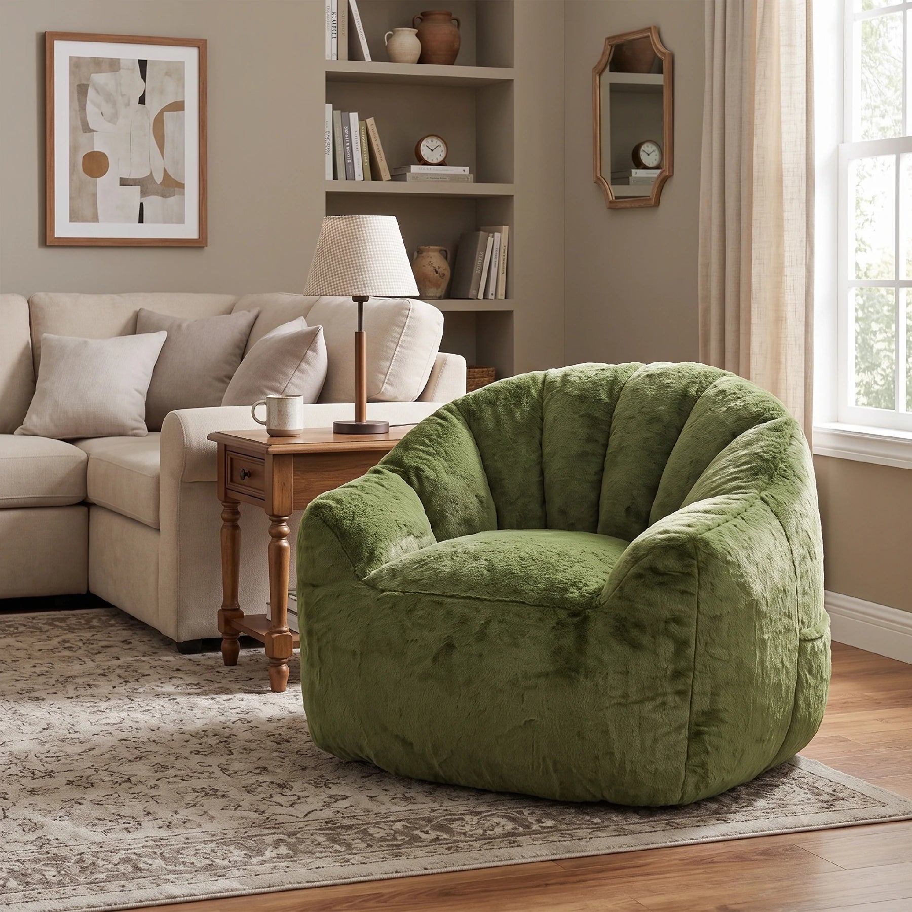 Cozy green faux fur lounge chair in living room