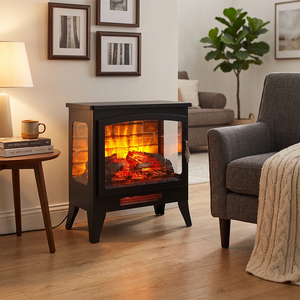 Cozy living room corner with antique black freestanding 3-sided electric fireplace stove
