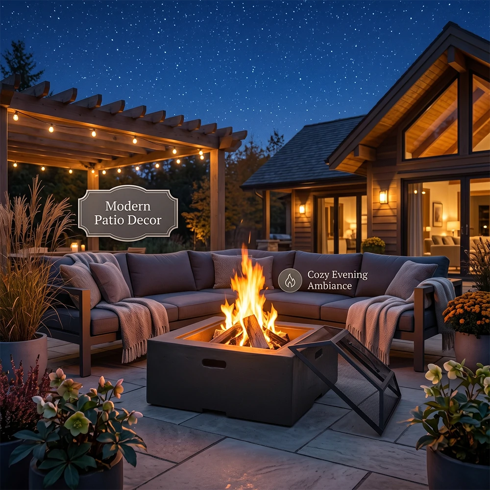 Cozy night patio ambiance with wood burning concrete fire pit