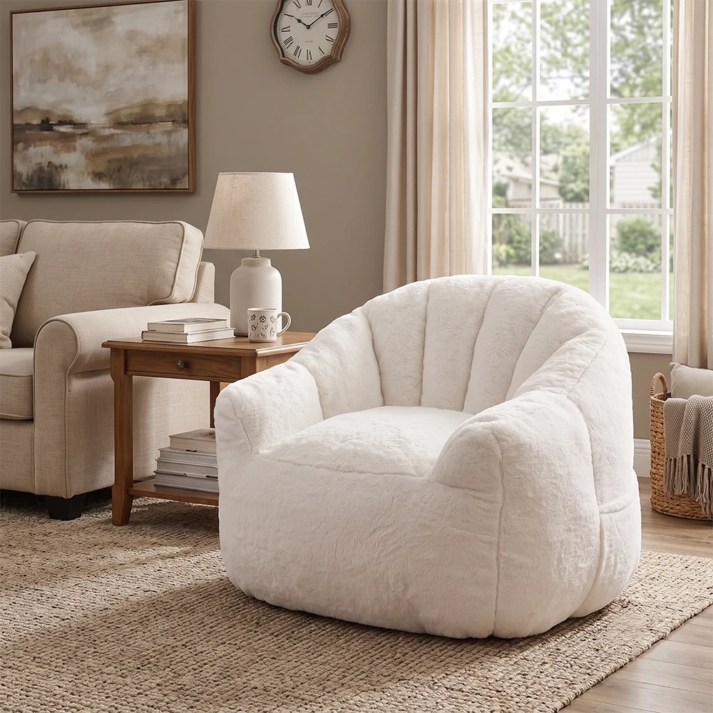 Cozy white faux fur lounge chair in living room
