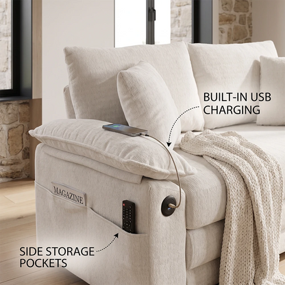 Cream tufted loveseat armrest with built-in USB charging port and side magazine storage pocket