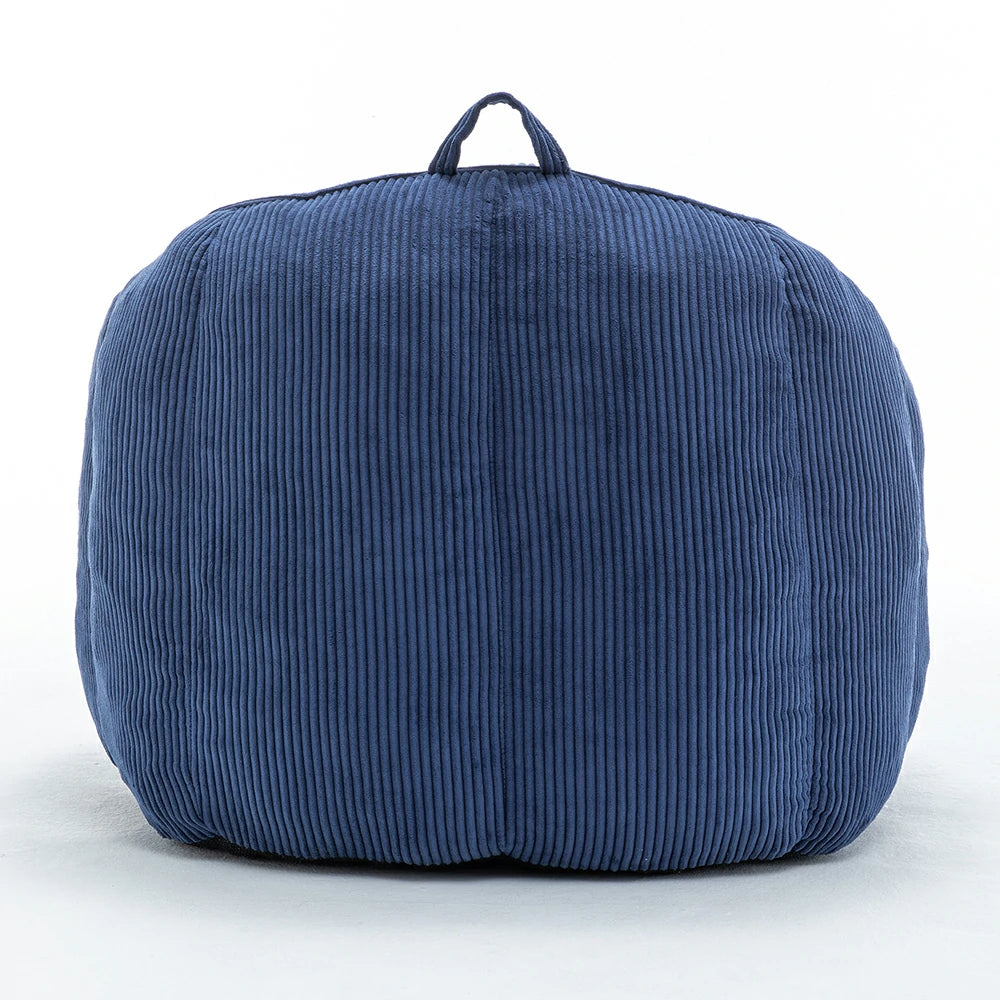 Dark blue corduroy bean bag chair with handle back view