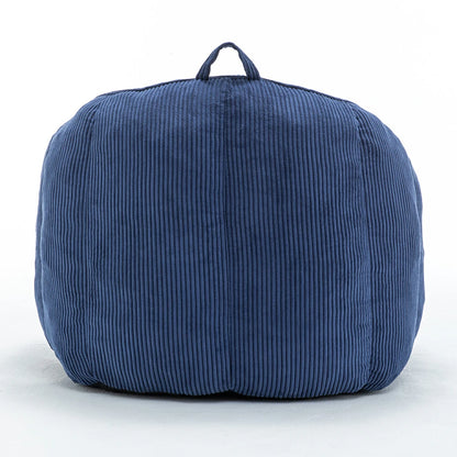 Dark blue corduroy bean bag chair with handle back view