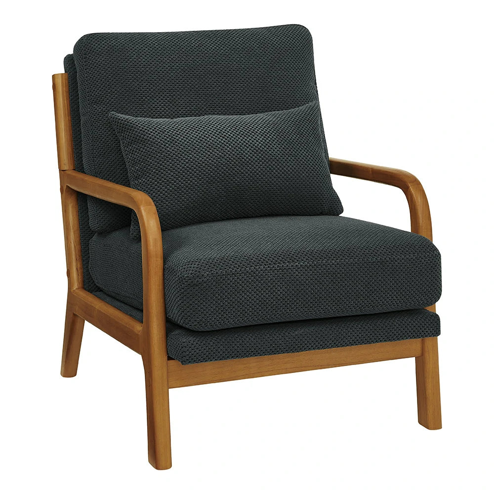 Dark gray lounge chair with solid wood legs and lumbar pillow