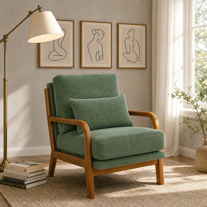 Dark green lounge chair with solid wood legs and lumbar pillow