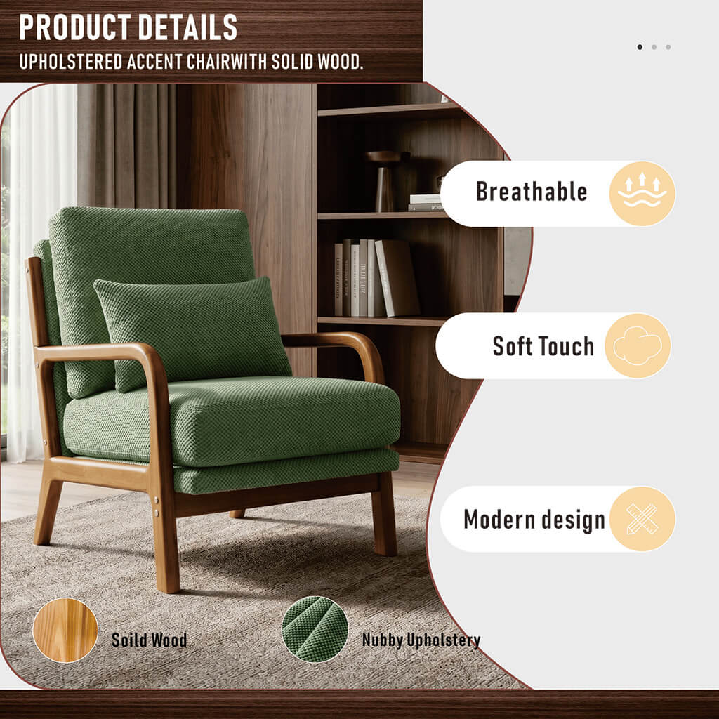 Dark green upholstered accent armchair with wooden frame