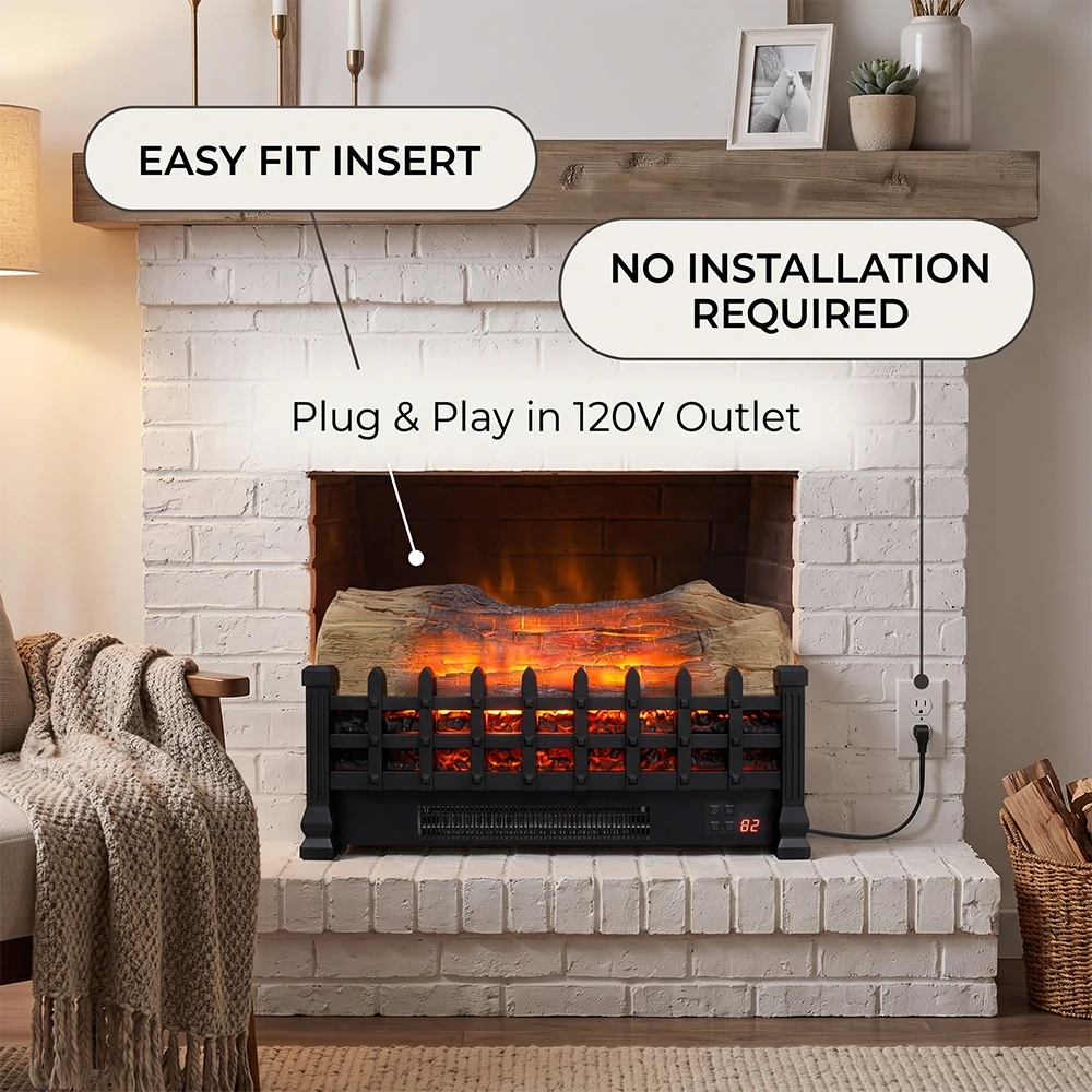 Easy-fit electric fireplace insert plugged into standard 120V wall outlet with no installation needed