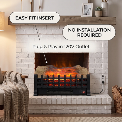 Easy-fit electric fireplace insert plugged into standard 120V wall outlet with no installation needed