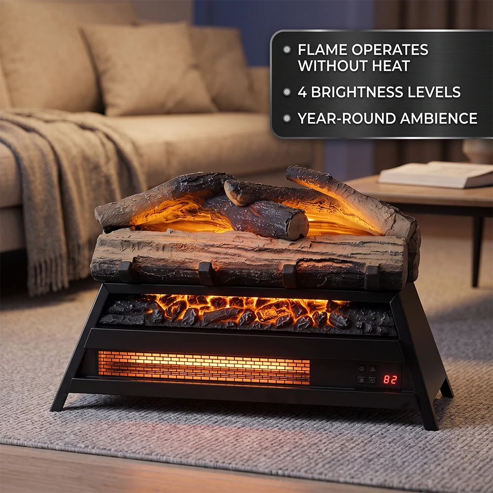 Electric fireplace heater featuring 4 flame brightness levels and heat-free operation