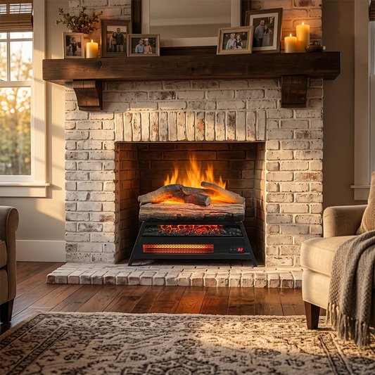 Electric fireplace log insert installed in a classic white brick fireplace