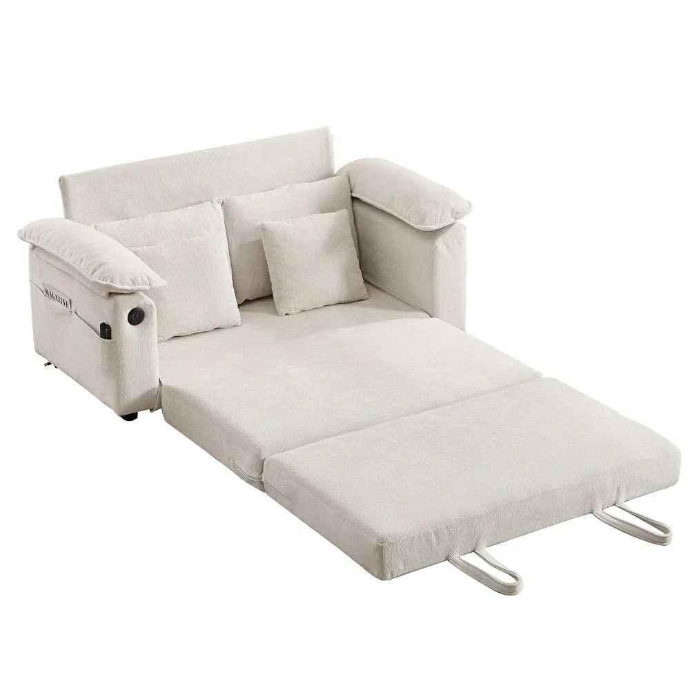 Extended pull-out sleeper mattress sofa bed in cream chenille fabric isolated