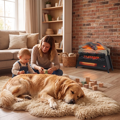 Family and pet enjoying safe supplemental warmth from an electric fireplace space heater in the living room