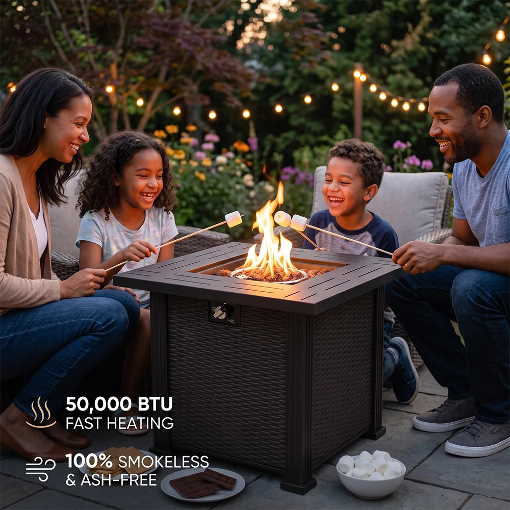 Family roasting marshmallows around a 50000 BTU smokeless propane fire pit