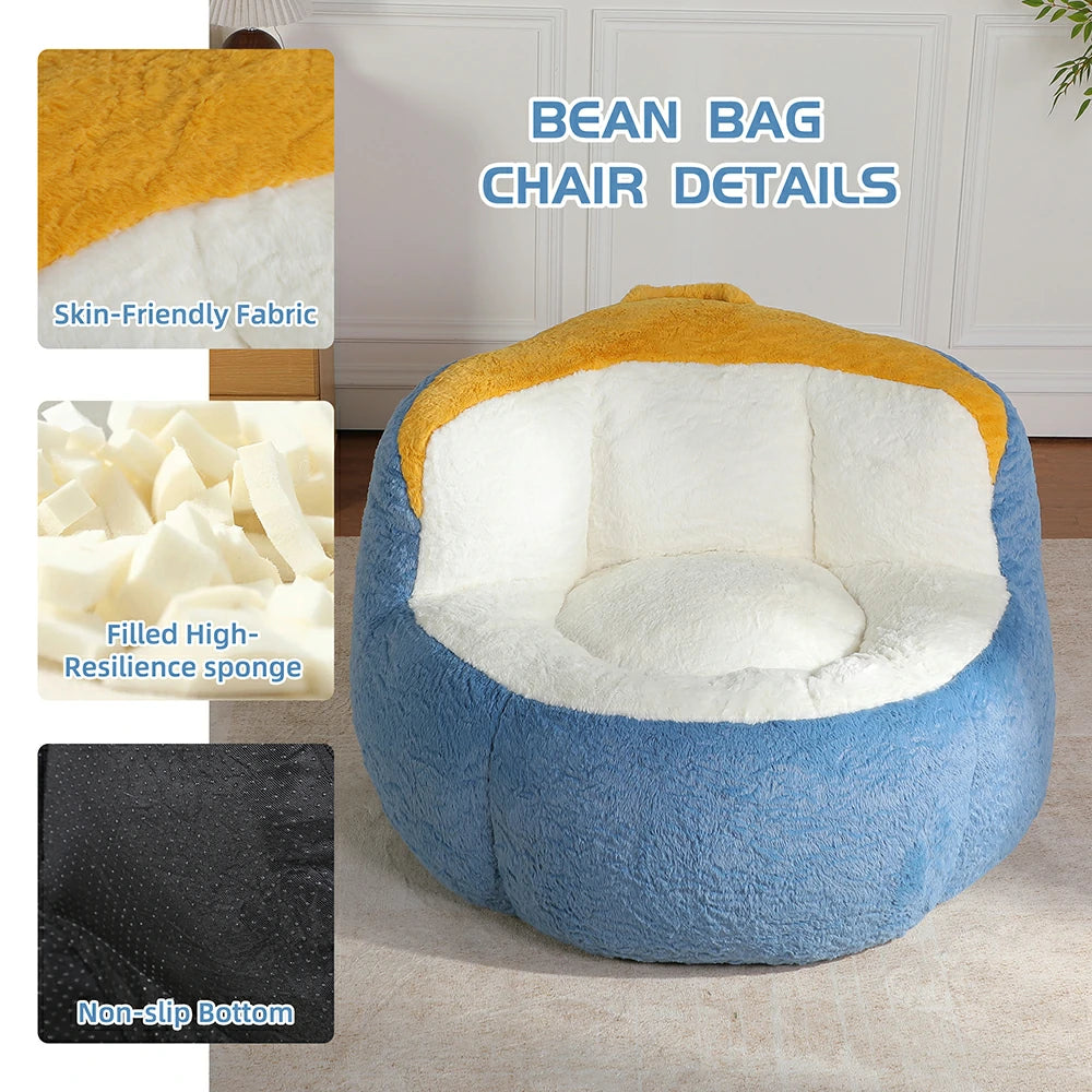 Fluffy bean bag chair details featuring fabric and non-slip bottom