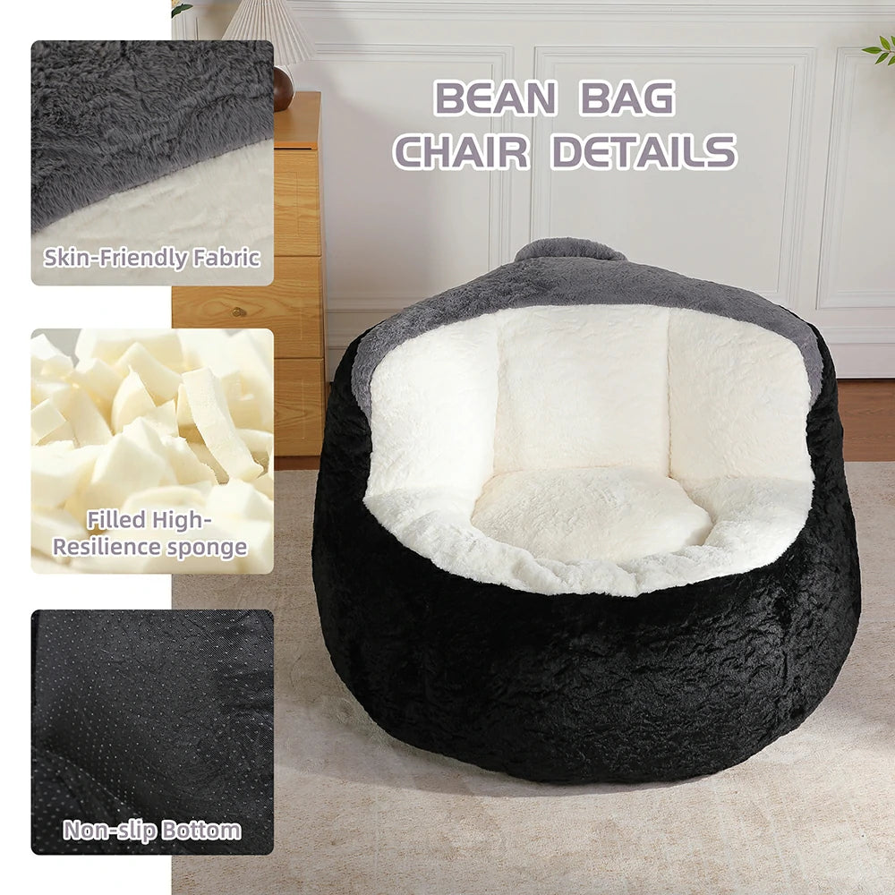 Fluffy black bean bag chair details featuring fabric and non-slip bottom