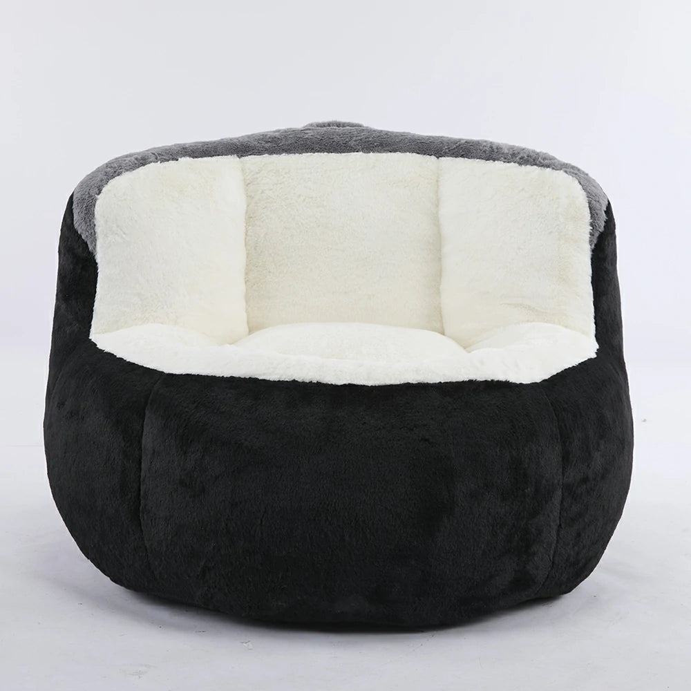 Fluffy black bean bag chair front view