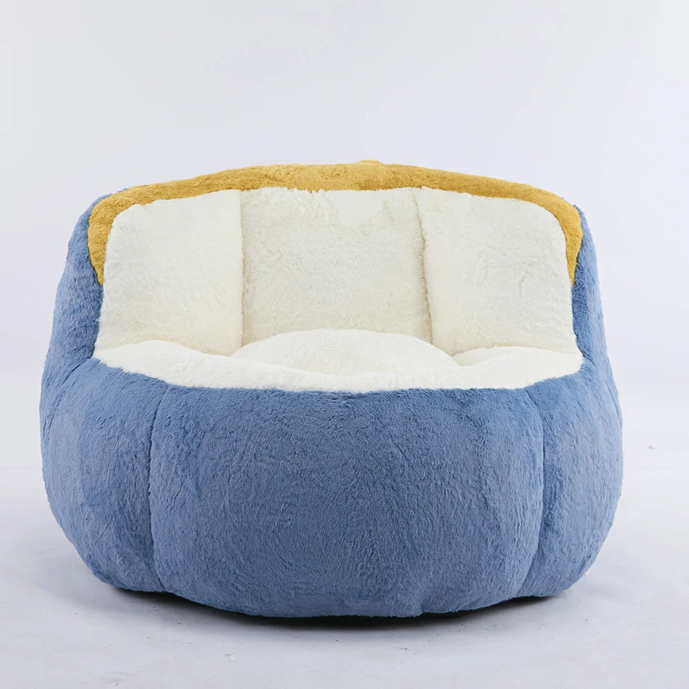 Fluffy blue and yellow bean bag chair front view