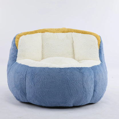 Fluffy blue and yellow bean bag chair front view