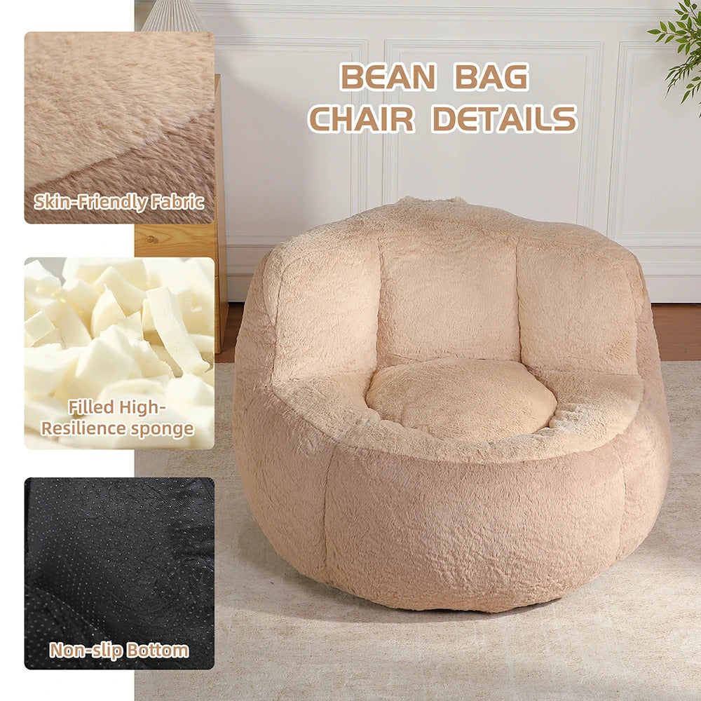 Fluffy brown bean bag chair details featuring fabric and non-slip bottom