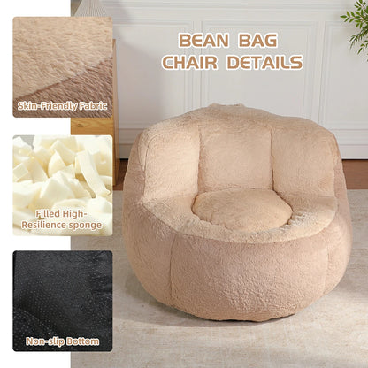 Fluffy brown bean bag chair details featuring fabric and non-slip bottom