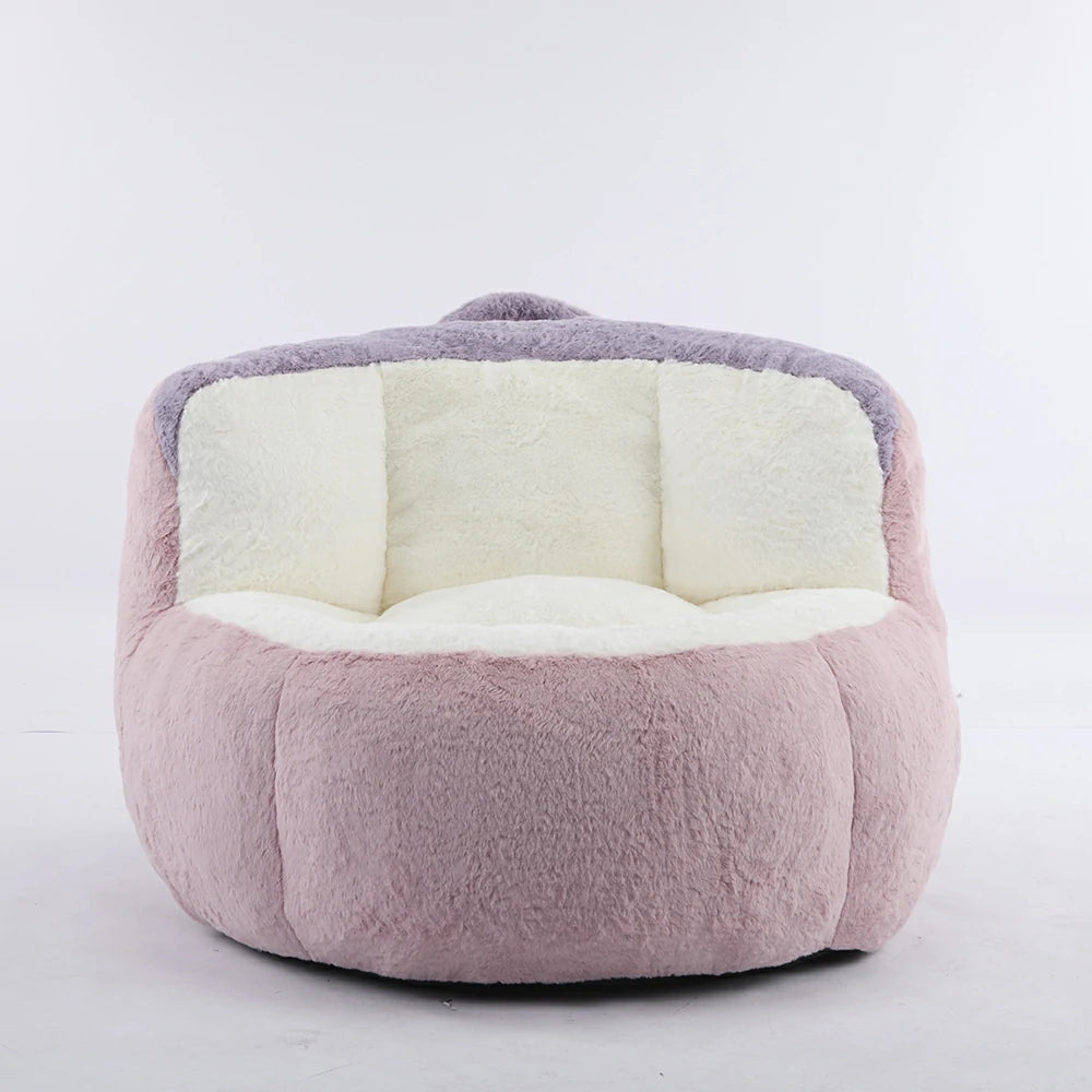 Fluffy pink and purple bean bag chair front view
