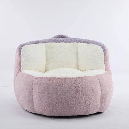 Fluffy pink and purple bean bag chair front view