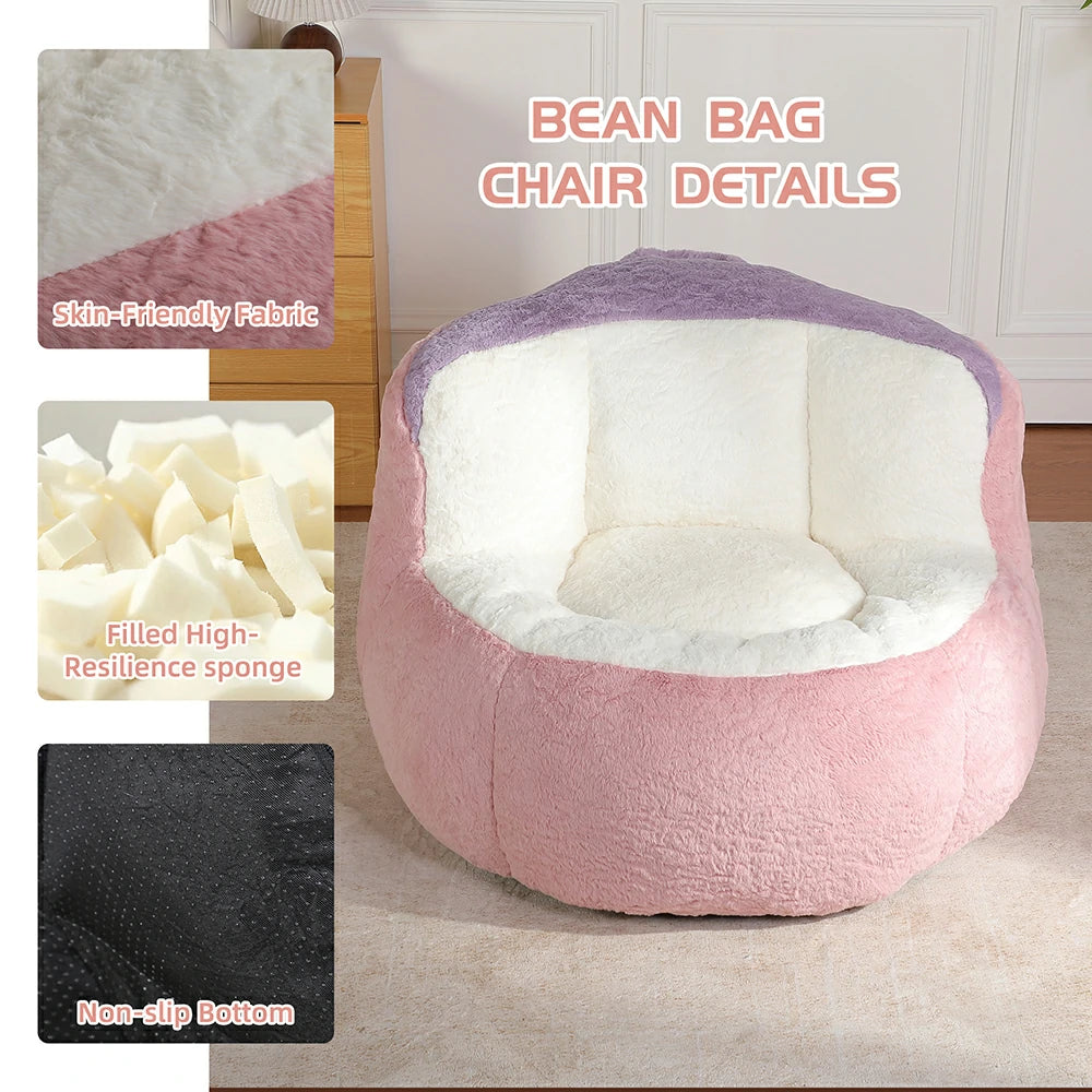 Fluffy pink bean bag chair details featuring fabric and non-slip bottom