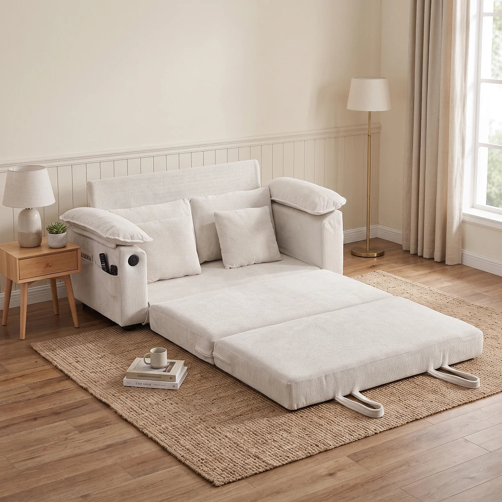 Foldable cream white chenille mattress sofa bed fully extended into a guest sleeper