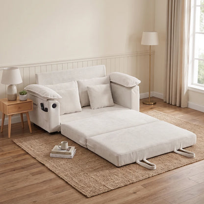 Foldable cream white chenille mattress sofa bed fully extended into a guest sleeper