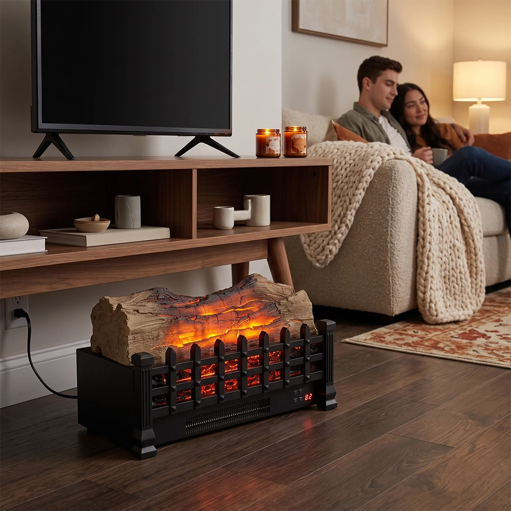 Freestanding 20 inch electric log set placed under TV console in modern living room