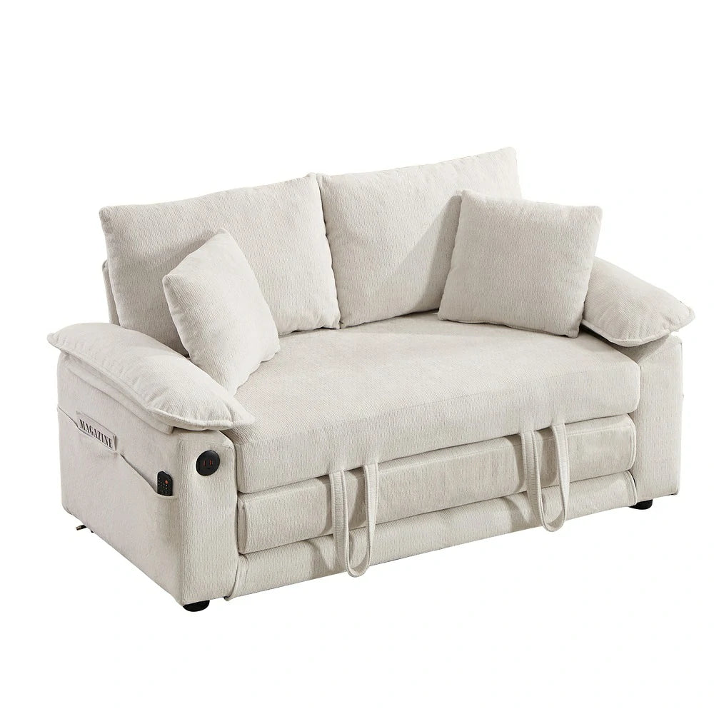 Front view of 58-inch cream white chenille convertible sofa bed with pull handles
