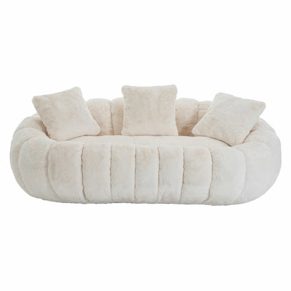 Front view of beige faux fur plush loveseat sofa