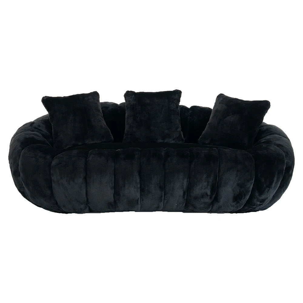 Front view of black faux fur plush loveseat sofa