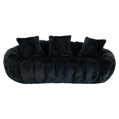 Front view of black faux fur plush loveseat sofa