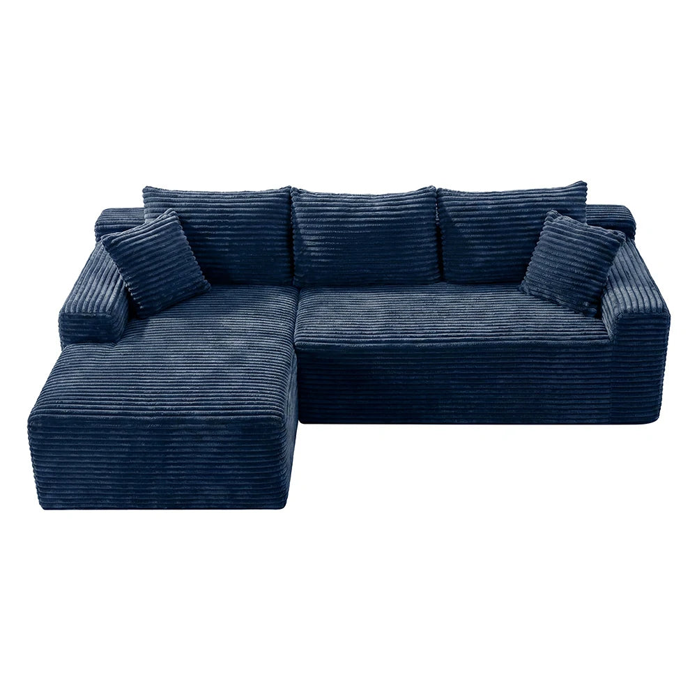 Front view of blue corduroy sectional sofa with chaise