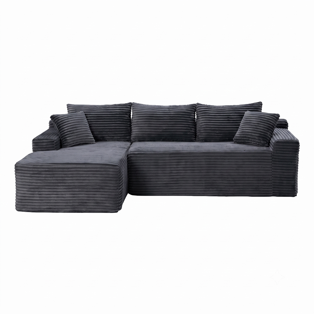 Front view of grey corduroy L shaped sectional sofa