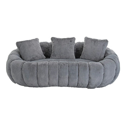 Front view of grey faux fur plush loveseat sofa