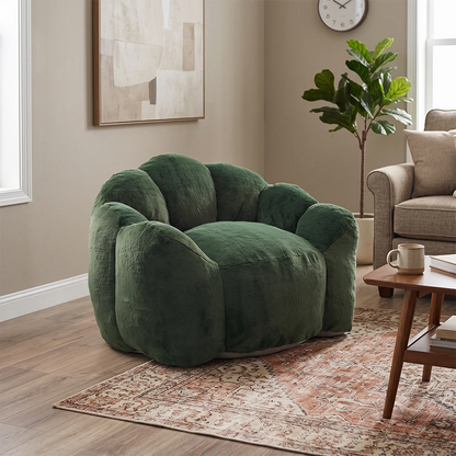 Green plush lotus-shaped bean bag sofa in a modern living room