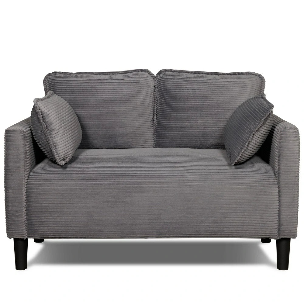 Grey corduroy loveseat sofa front view