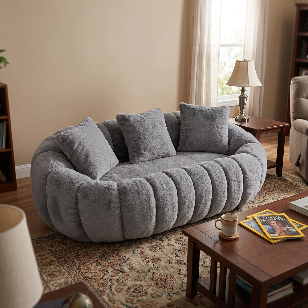 Grey plush faux fur sofa in modern living room