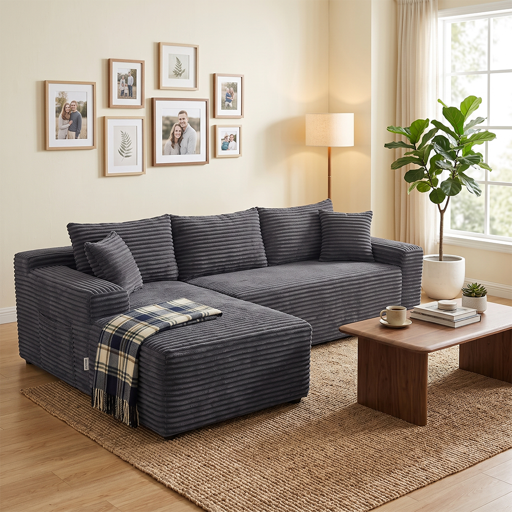 94.5" Modern Corduroy Cloud Sectional Sofa with L-Shape Chaise