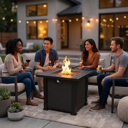 Group of friends relaxing around an outdoor gas fire pit table on patio